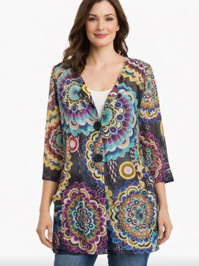 Joseph Ribkoff Multi-Colour Mandala Print Mesh Jacket Cardigan Large Artsy Boho